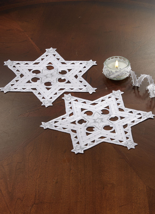Tischdecken - Bestickte, festliche Tischdekoration, in Größe 120 (2 Sterne, ø 20 cm) bis 185 (Stern, ø 85 cm), in Farbe WEISS-SILBER Ansicht 1
