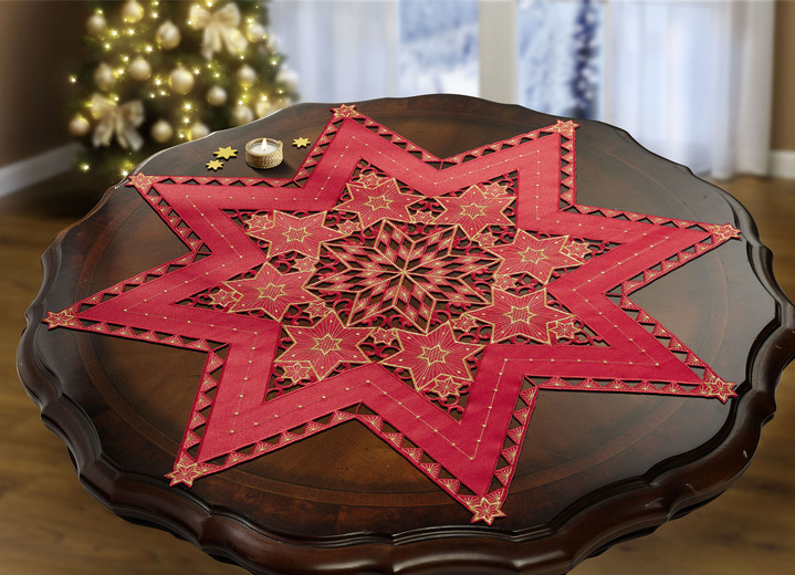 Tischdecken - Bestickte, festliche Tischdekoration, in Größe 120 (2 Sterne, ø 20 cm) bis 185 (Stern, ø 85 cm), in Farbe WEISS-SILBER Ansicht 10