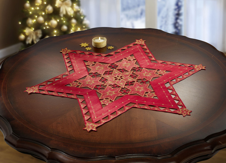 Tischdecken - Bestickte, festliche Tischdekoration, in Größe 120 (2 Sterne, ø 20 cm) bis 185 (Stern, ø 85 cm), in Farbe WEISS-SILBER Ansicht 9