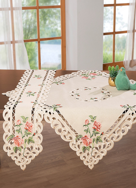 Heimtextilien - Tisch- und Raumdekoration mit Rosendessin, in Größe 101 (Läufer oval, 35x 70 cm) bis 404 (Kissenbezug, 40x 40 cm), in Farbe BUNT Ansicht 2