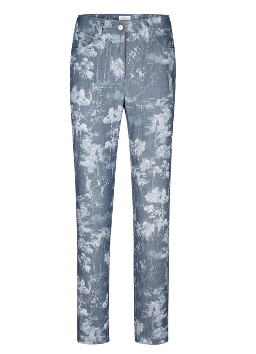 Hosen - Hose mit floraler Dessinierung, in Größe 019 bis 052, in Farbe BLAU-WEISS Ansicht 1