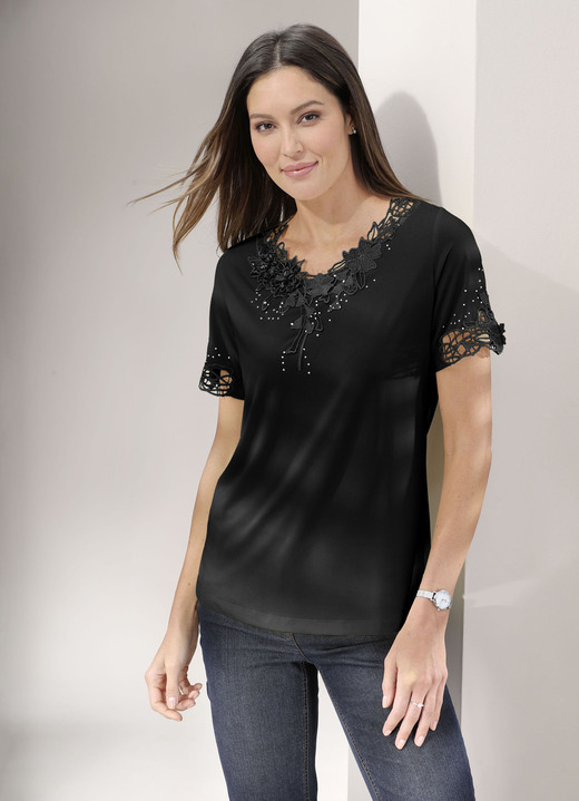 Shirts mit Strass - Shirt mit floraler Spitze in 5 Farben, in Größe 036 bis 052, in Farbe GELB Ansicht 4