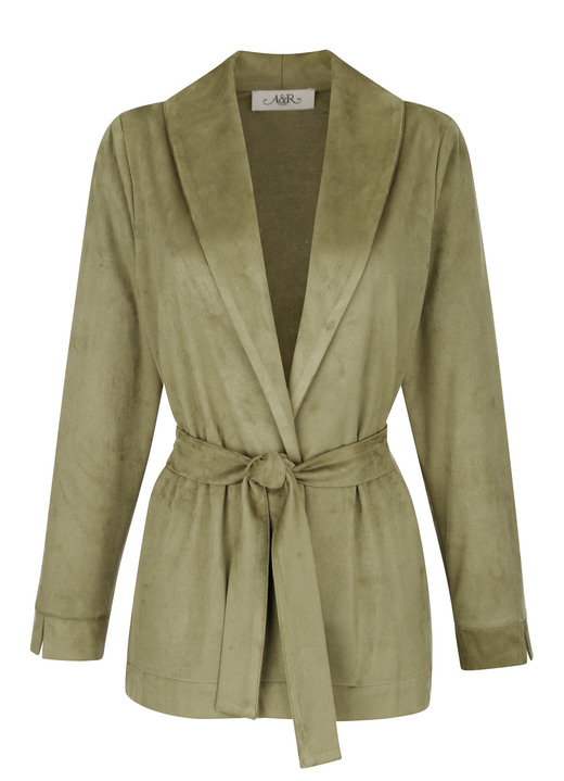 Lederimitatjacken - Longblazer mit Schalkragen, in Größe 038 bis 052, in Farbe OLIV Ansicht 3