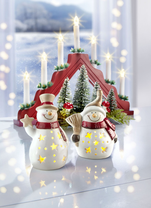 Weihnachtliche Dekorationen - Beleuchtete Schneemänner, 2er-Set, in Farbe WEISS-ROT-BEIGE Ansicht 1