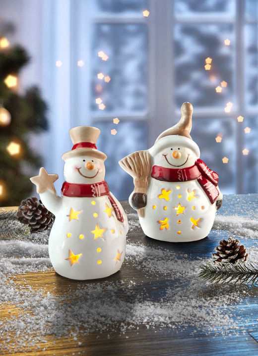 Weihnachtliche Dekorationen - Beleuchtete Schneemänner, 2er-Set, in Farbe WEISS-ROT-BEIGE Ansicht 2