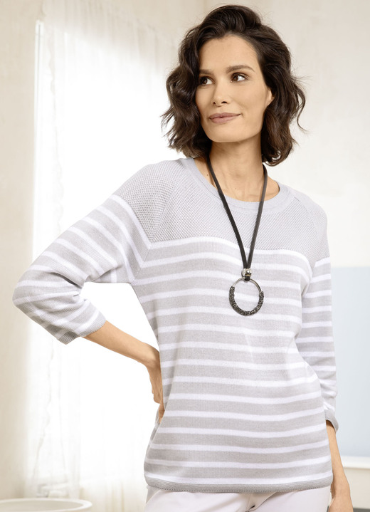 3/4-Arm - Pullover in Ringeldessin, in Größe 038 bis 052, in Farbe BEIGE-WEISS Ansicht 3
