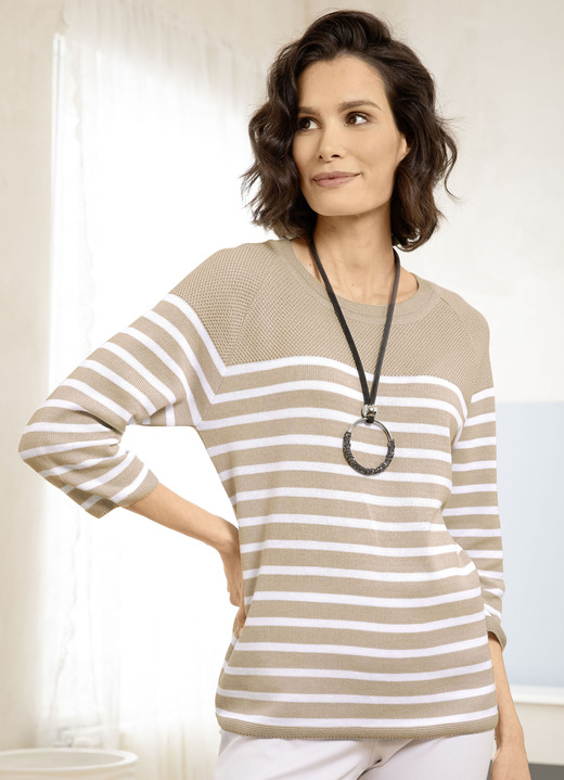 3/4-Arm - Pullover in Ringeldessin, in Größe 038 bis 052, in Farbe BEIGE-WEISS Ansicht 2
