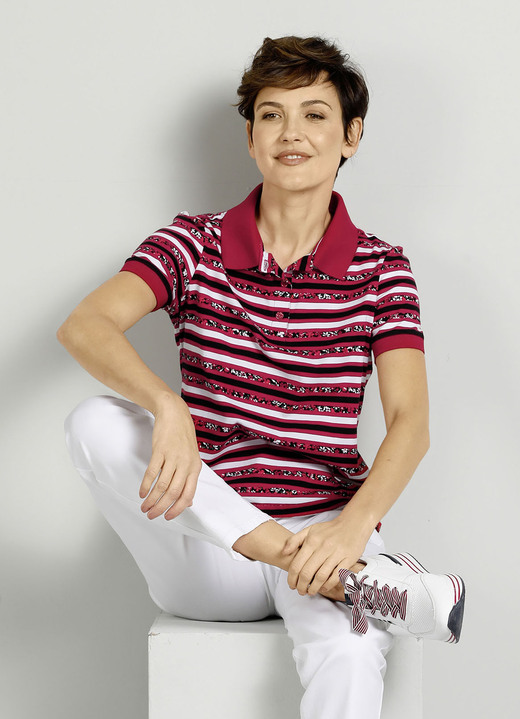 Kurzarm - Poloshirt mit gestreiftem Allover-Dessin, in Größe 046 bis 052, in Farbe ROT-SCHWARZ-WEISS Ansicht 1