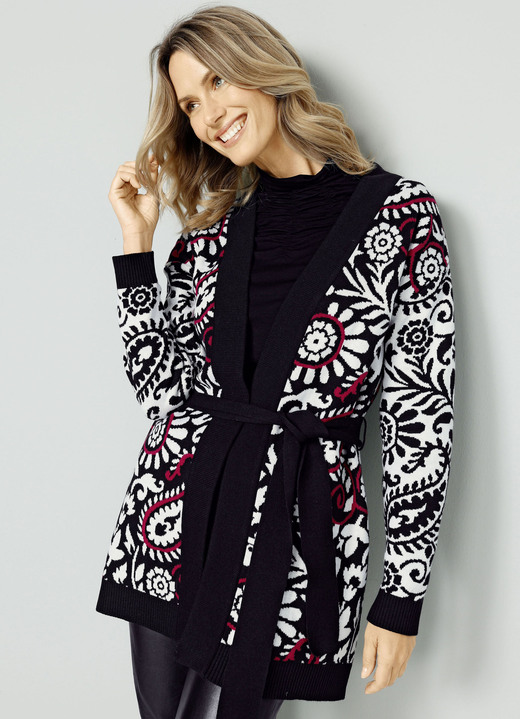 Strickjacken - Strickjacke in Jacquard-Dessin, in Größe 038 bis 052, in Farbe SCHWARZ-WEISS-ROT Ansicht 2