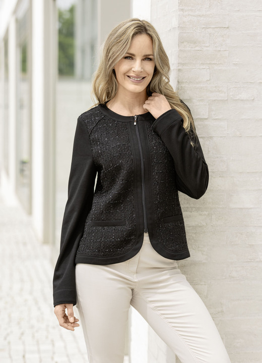 Langarm - Blusenjacke mit dekorativer Blende, in Größe 036 bis 050, in Farbe SCHWARZ