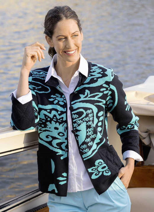 Strickjacken - Strickjacke in Jacquard-Dessin, in Größe 038 bis 054, in Farbe MARINE-TÜRKIS Ansicht 1