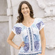 Kurzarm - Shirt mit silberfarbenen Zierplättchen – Farbe ECRU-TÜRKIS-BLAU – Ansicht 1 Kurzarm - Shirt mit silberfarbenen Zierplättchen, in Größe 036 bis 052, in Farbe ECRU-TÜRKIS-BLAU – Farbe ECRU-TÜRKIS-BLAU – Ansicht 1