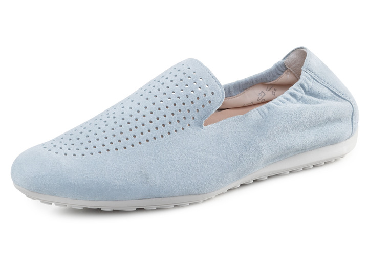 Slipper & Schnürschuhe - ELENA EDEN Slipper aus weichem Veloursleder mit luftiger Perforation, in Größe 3 1/2 bis 8, in Farbe HELLBLAU Ansicht 1