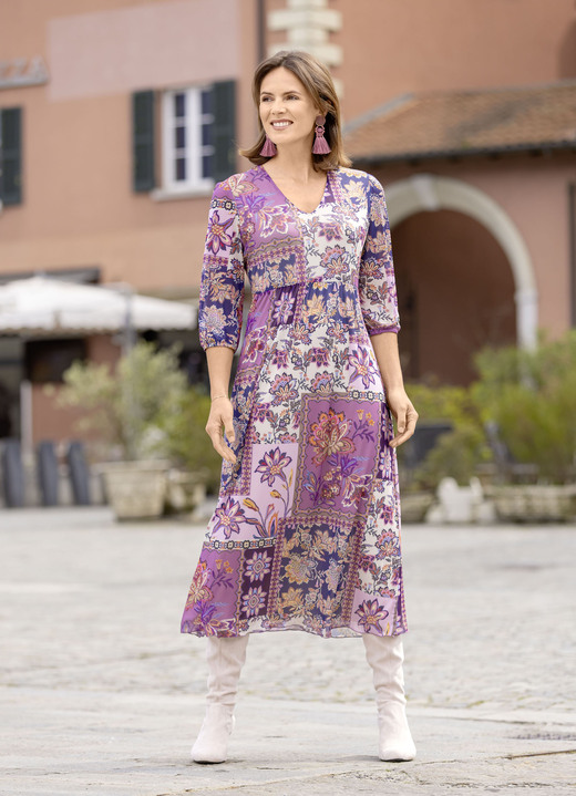 Kurzarm - Kleid mit tollem Dessin, in Größe 036 bis 048, in Farbe ROSÉ-AUBERGINE-MARINE-BUNT Ansicht 2