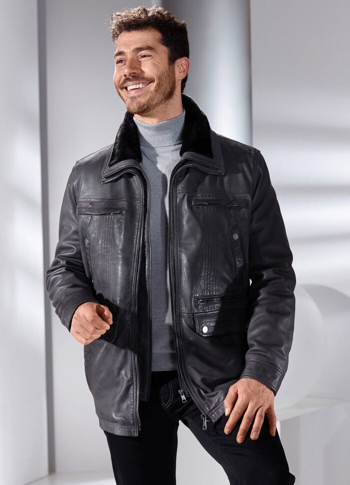 Lederjacke mit abtrennbarem Webpelzkragen 