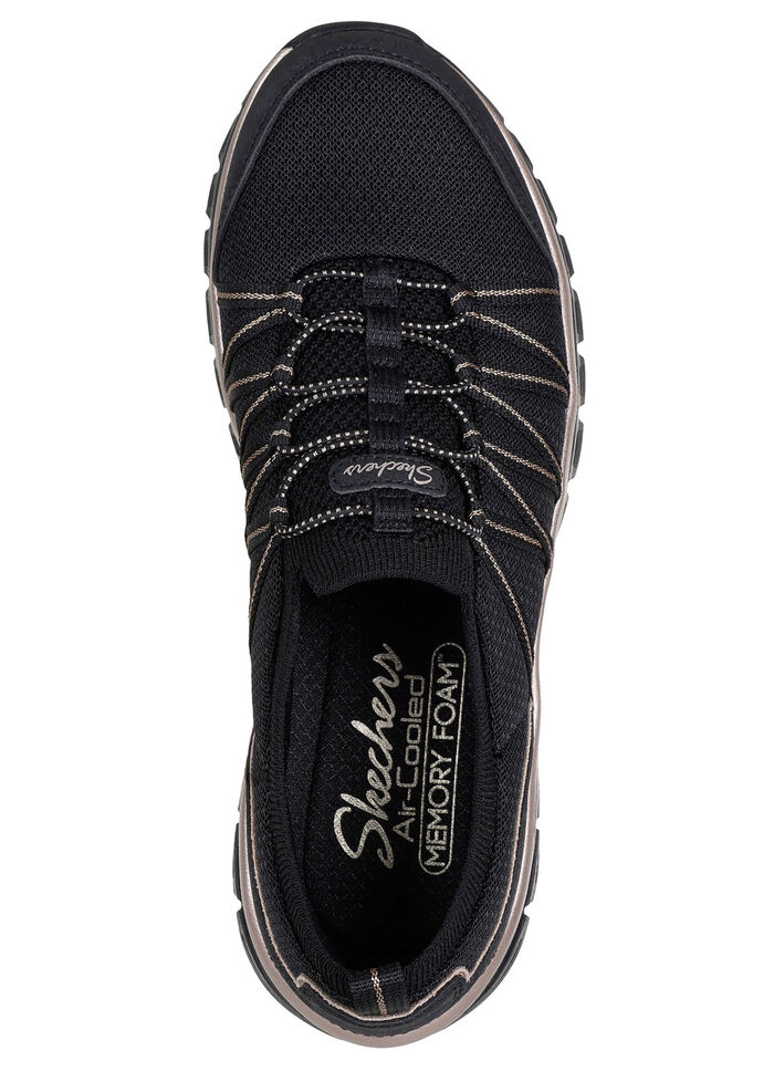 SKECHERS,  trendige Damen-Slipper, aus gestricktem Mesh-Material SCHWARZ-ROSÉGOLD