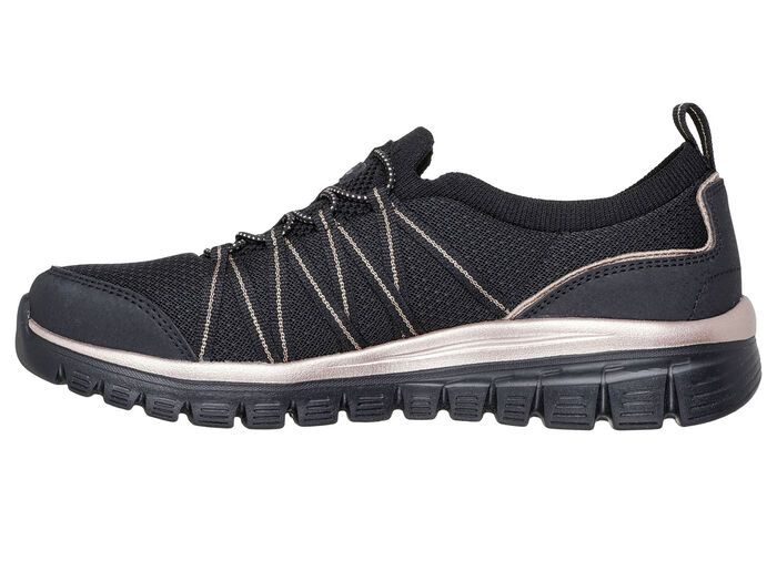 SKECHERS,  trendige Damen-Slipper, aus gestricktem Mesh-Material SCHWARZ-ROSÉGOLD