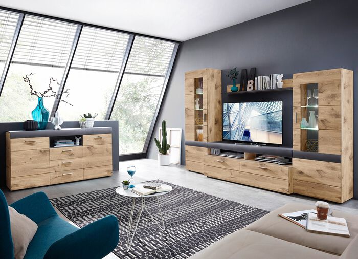 Schicke Wohnwand mit LED-Beleuchtung EICHE-GRAPHIT