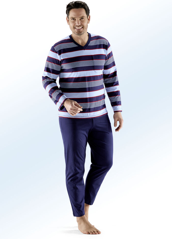 Zweierpack Schlafanz&uuml;ge mit V-Ausschnitt, Brusttasche, garngef&auml;rbtem Ringeldessin 