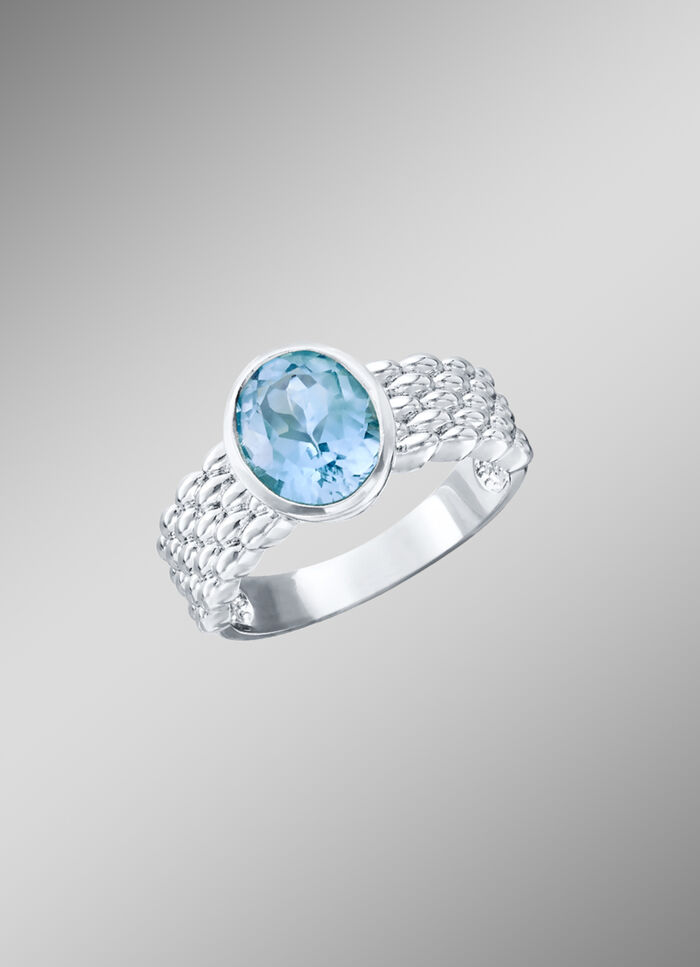 Damenring mit Blautopas und Ringschiene mit Struktur 