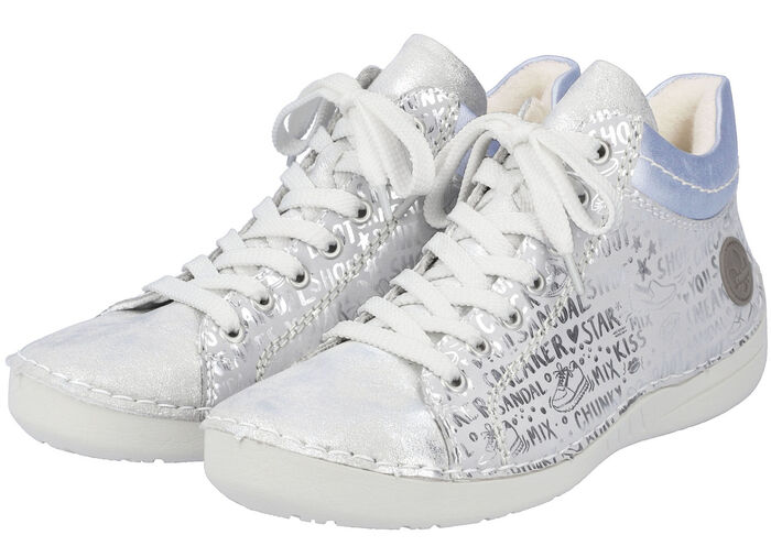 Rieker Schn&uuml;r-Bootie aus originell bedrucktem Synthetikmaterial SILBERGRAU-BLEU