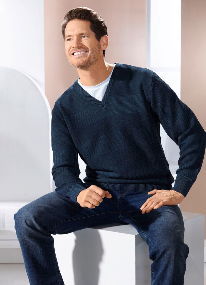 V-Pullover mit Strukturdessin in 3 Farben 