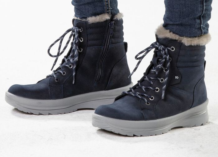 Schn&uuml;r-Bootie aus genarbtem Rind-Nubukleder MARINE