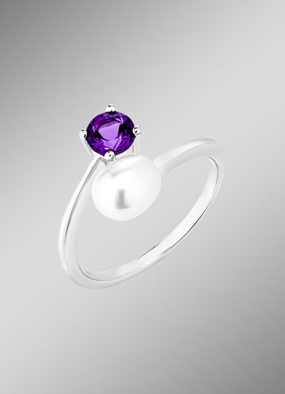 Damenring mit Süßwasser-Zuchtperle und Amethyst 