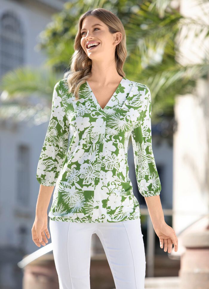 Shirt mit 3/4-langen Ärmeln in 2 Farben OLIV-ECRU