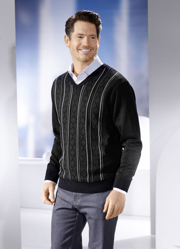 V-Pullover mit Strukturdessin in 3 Farben ANTHRAZIT MELIERT