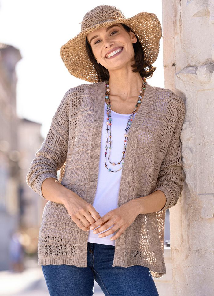 Strickjacke in feinem Netzstrick TAUPE