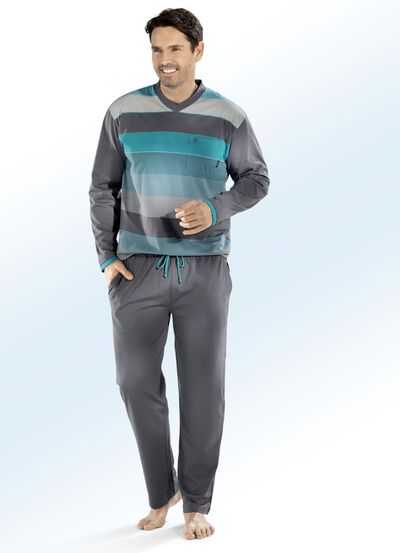 Hajo Klima Komfort Schlafanzug mit V-Ausschnitt und garngef&auml;rbtem Ringel 
