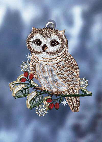Fensterbild Schnee-Eule aus echter Plauener Spitze 