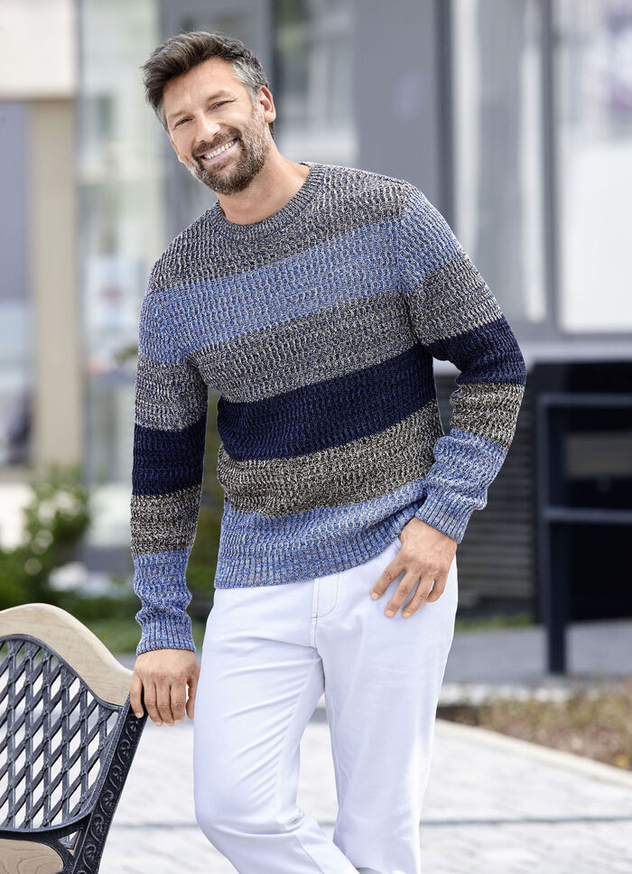 Rundhalspullover mit Strukturdessin BEIGE-BLAU-MARINE GESTREIFT