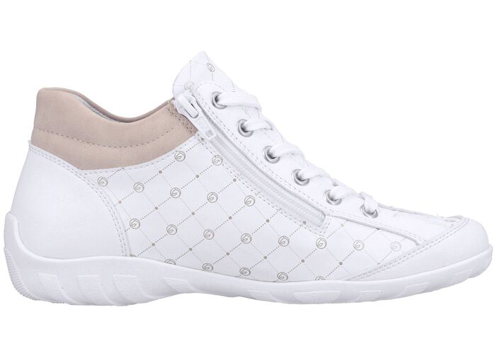 Remonte Schn&uuml;r-Bootie aus bedrucktem und metallisch schimmerndem Synthetikmaterial WEISS-PUDERROS&Eacute;