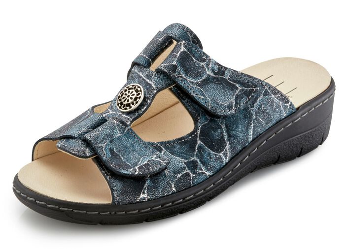 Pantolette aus gl&auml;nzend gepr&auml;gtem und bedrucktem Veloursleder BLAU