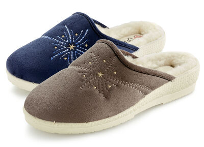 Zweierpack, warme Damen-Hausschuhe, Weite H, mit Wolle 