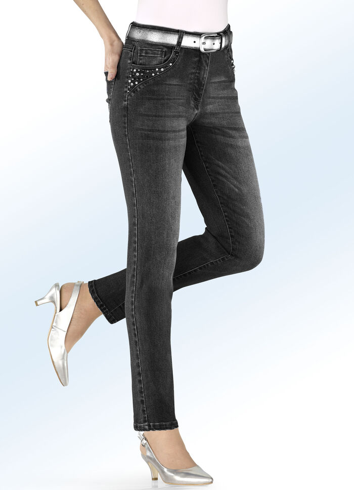 5-Pocket-Jeans mit Perlen- und Schmucksteinbesatz SCHWARZ