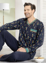 Schlafanzug mit dessiniertem Oberteil, V-Ausschnitt und Brusttasche 