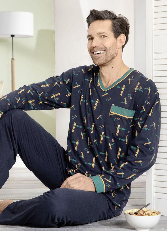 Schlafanzug mit dessiniertem Oberteil, V-Ausschnitt und Brusttasche 