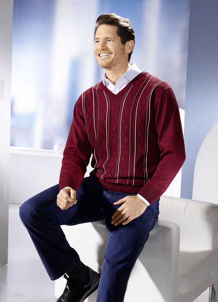 V-Pullover mit Strukturdessin in 3 Farben BORDEAUX MELIERT