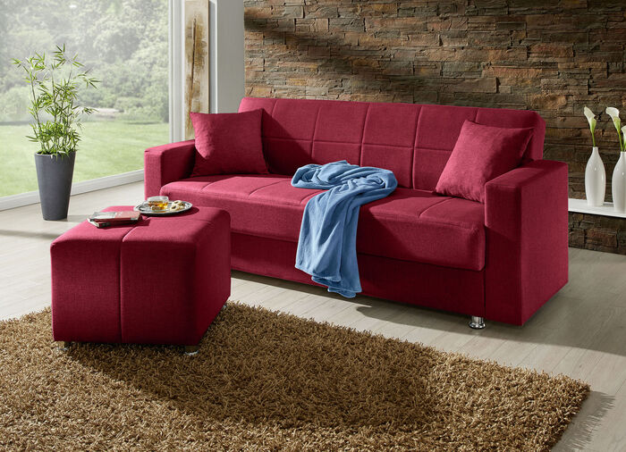 Klick-Klack-Sofa mit Hocker und Dekokissen ROT