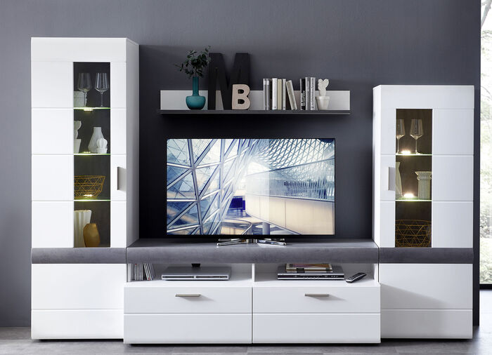 Schicke Wohnwand mit LED-Beleuchtung WEISS-BETON
