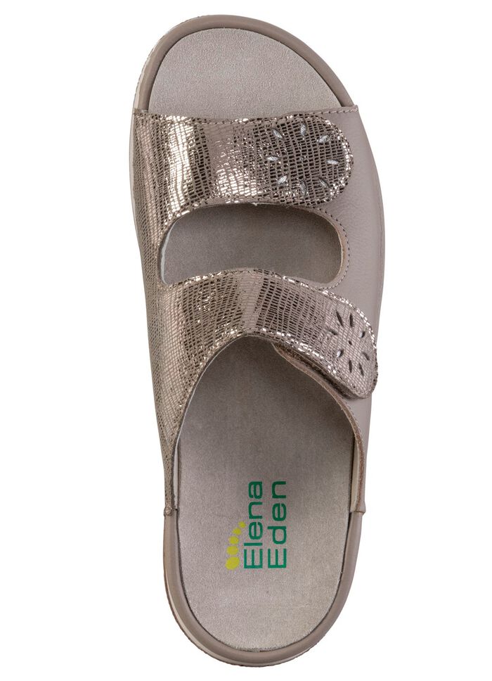 ELENA EDEN, bequeme Damen-Pantoletten, Weite H, mit herausnehmbarem Fu&szlig;bett TAUPE-ANTIKBRONZE