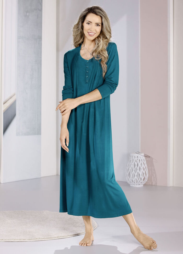 Nachthemd, Langarm mit Biesenverarbeitung und Knopfleiste PETROL