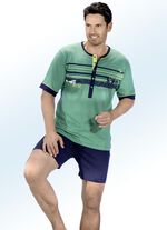 Shorty mit langer Knopfleiste, Streifendessin und platziertem Druckmotiv 