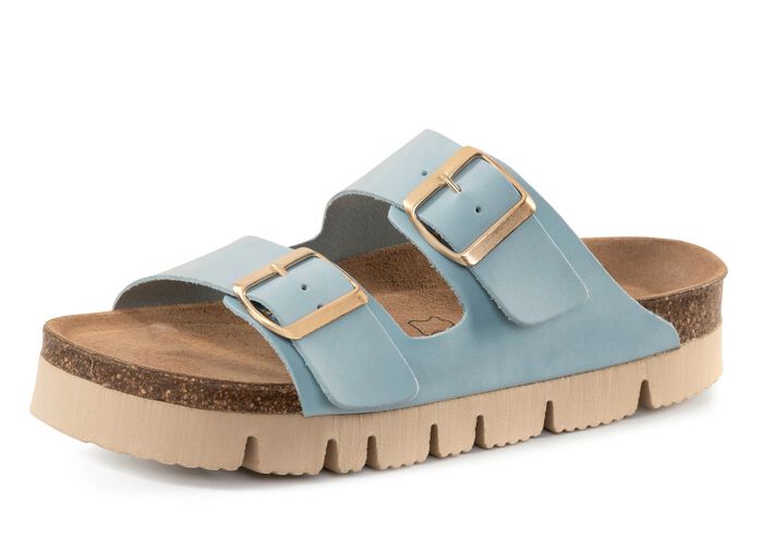 ELENA EDEN, bequeme Damen-Pantoletten, Weite H, mit Klettspange HELLBLAU