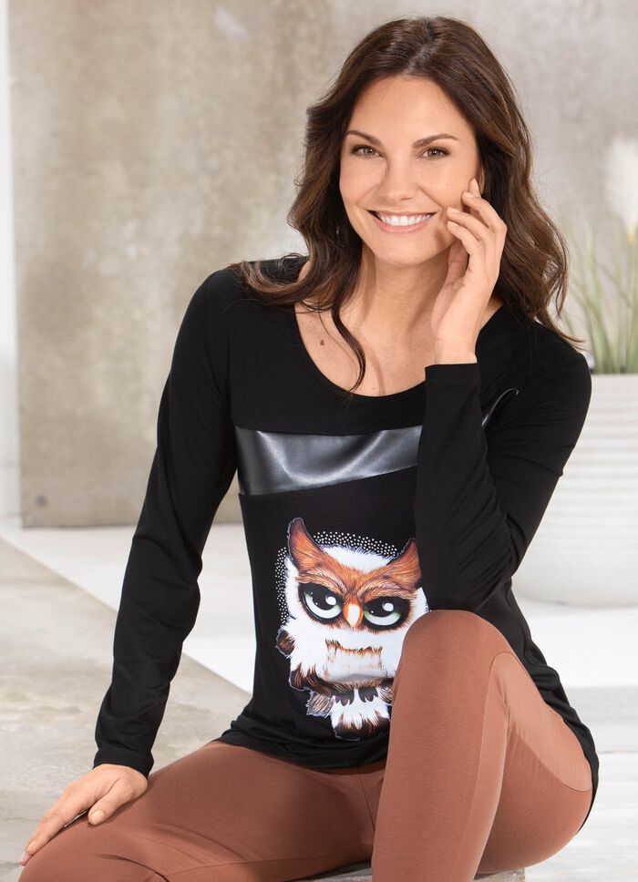 Shirt mit schwarzem Nappaleder-Imitat-Einsatz in 2 Farben SCHWARZ