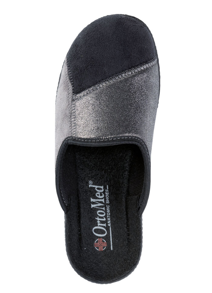 Klassische Damen-Hausschuhe, Weite H, im Textil-Materialmix SCHWARZ-GRAU