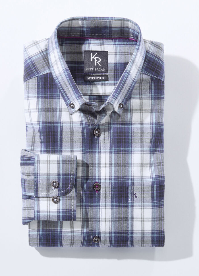 Hemd von "King's Road" mit Button-Down-Kragen in 3 Farben DUNKELLILA-ECRU KARIERT